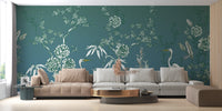 Vintage-inspired crane motif wallpaper
