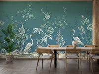 Vintage crane and floral mural wallpaper
