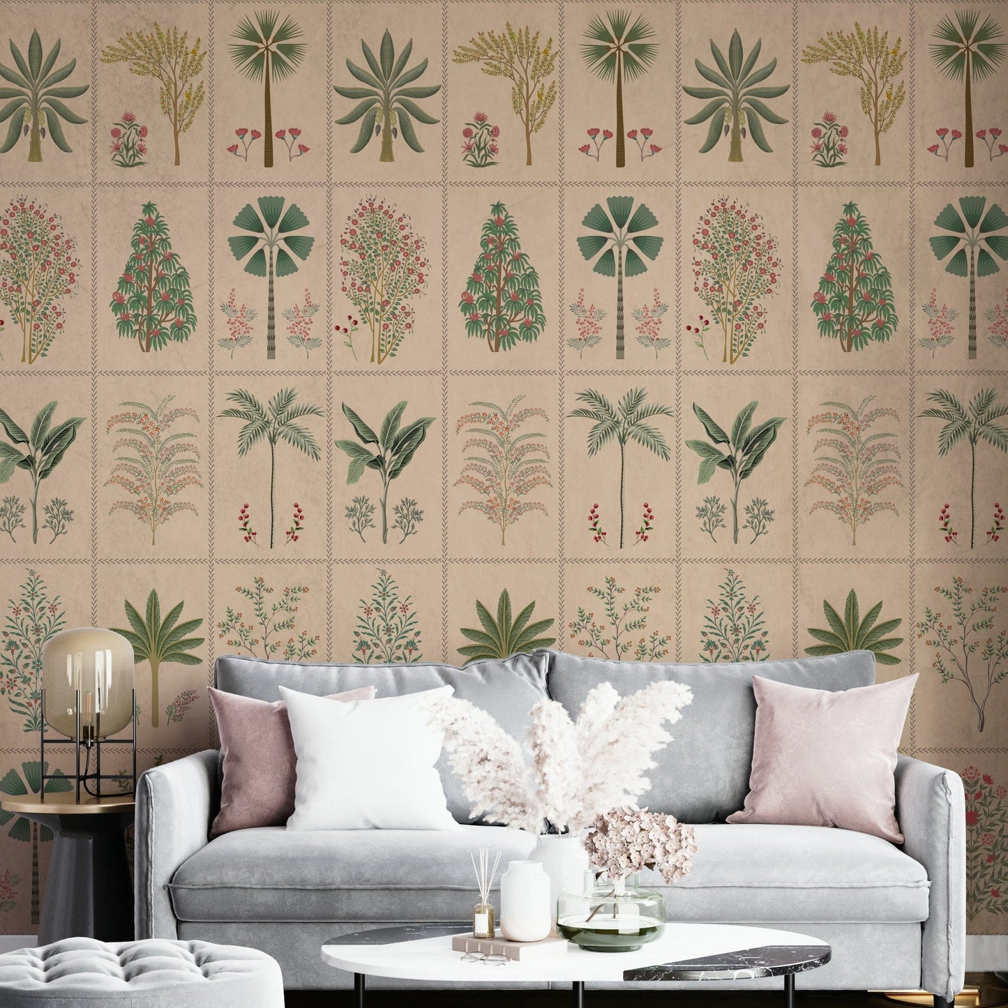 A peaceful wall mural with an organic, botanical design.

