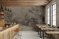 Monochrome Old English Garden wall mural, ethereal antique botanical art.