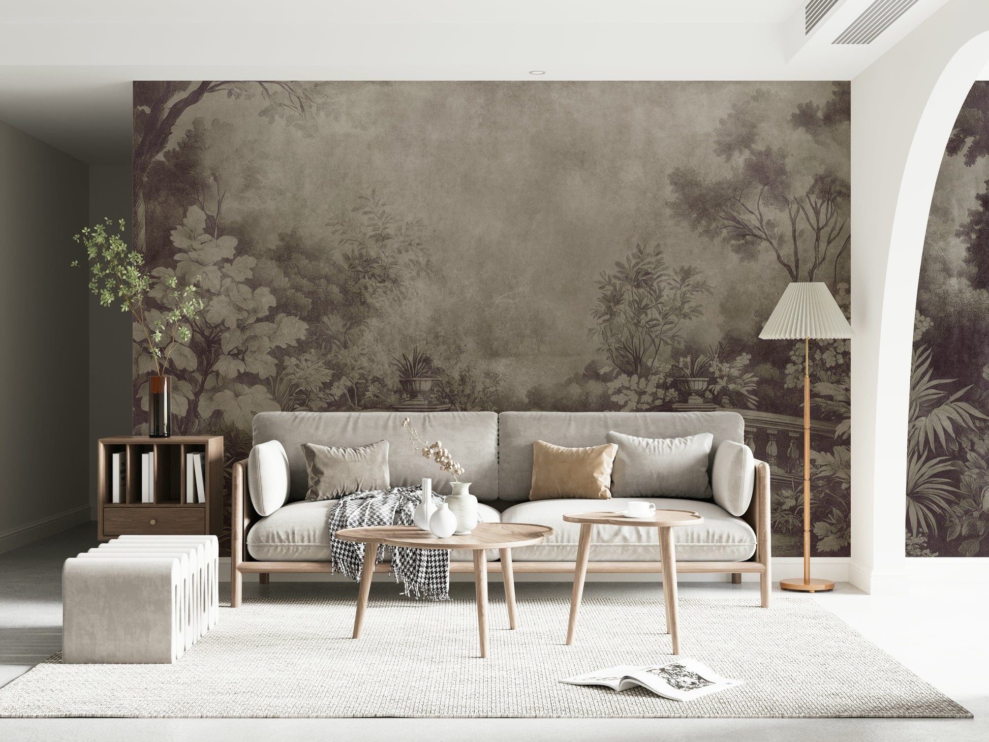 Old English Garden Fresco Aubergine mural balustrade classic foliage design.