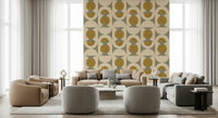 Classic geometric print wallpaper with soft green arcs and mustard oval motifs.