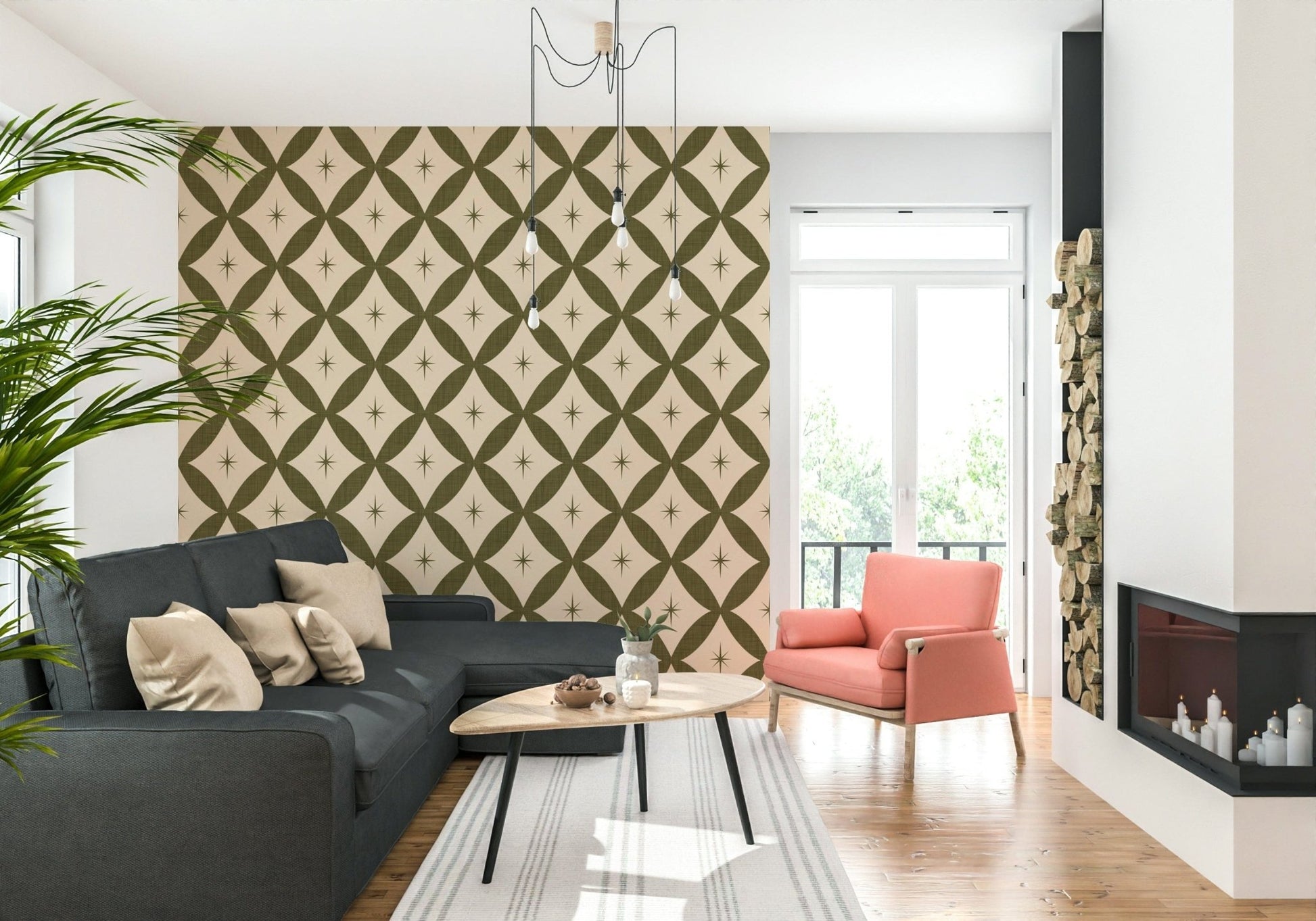 Textured geometric wallpaper with repeating lattice diamonds and delicate star motifs.