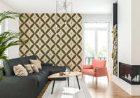 Textured geometric wallpaper with repeating lattice diamonds and delicate star motifs.