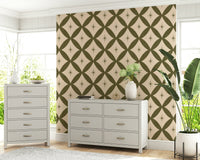 Patterned wallpaper with vintage diamond lattice design and star details at each intersection.