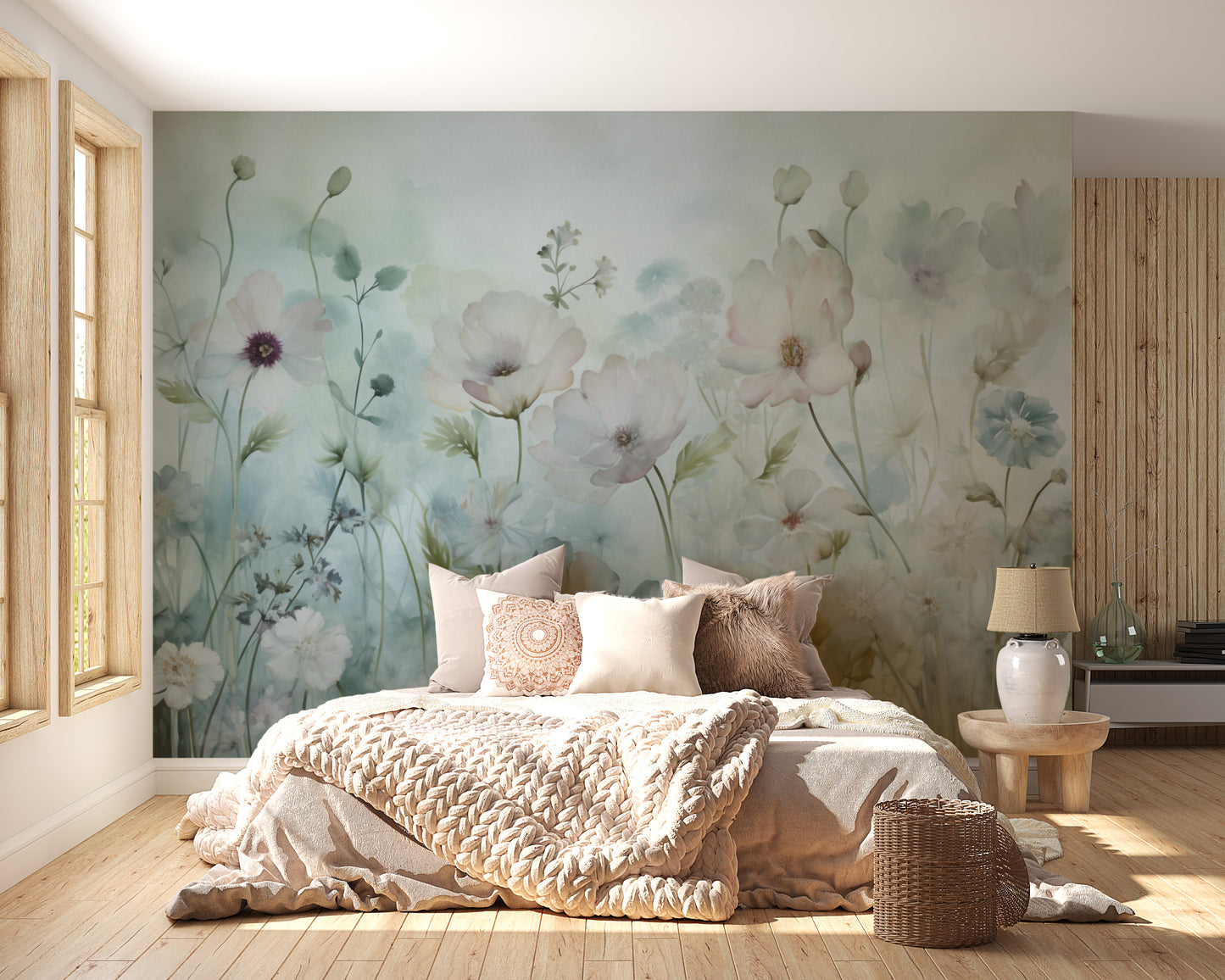 Soft and elegant spring field vintage green wallpaper for a cozy home.