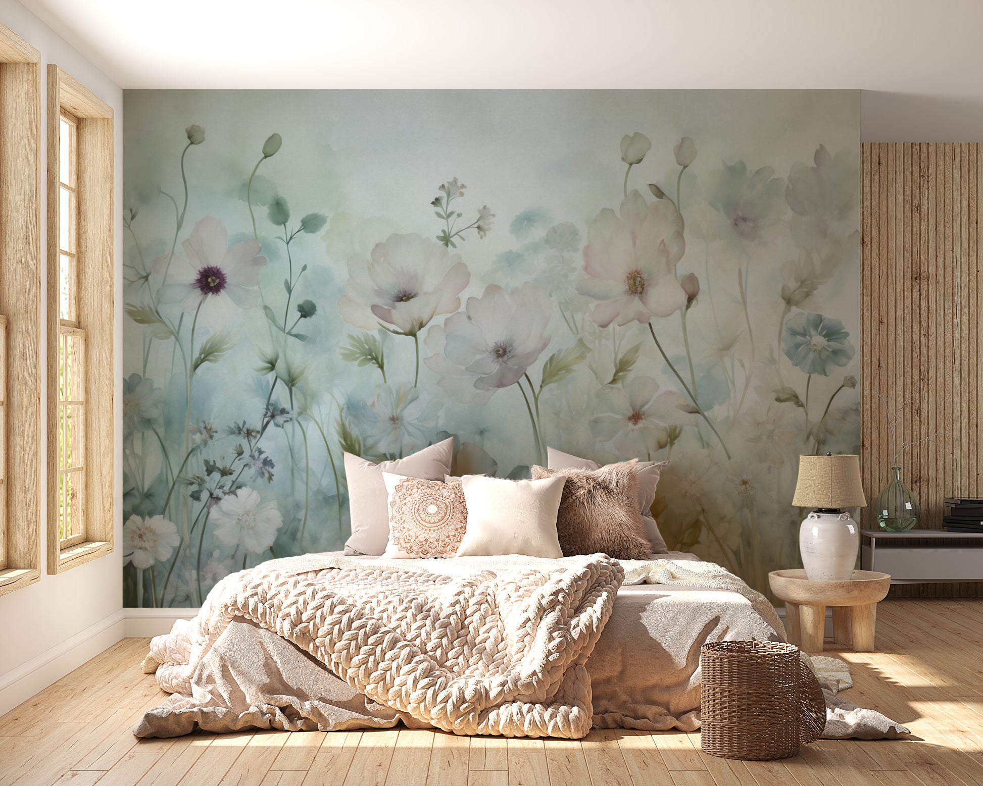 Soft and elegant spring field vintage green wallpaper for a cozy home.