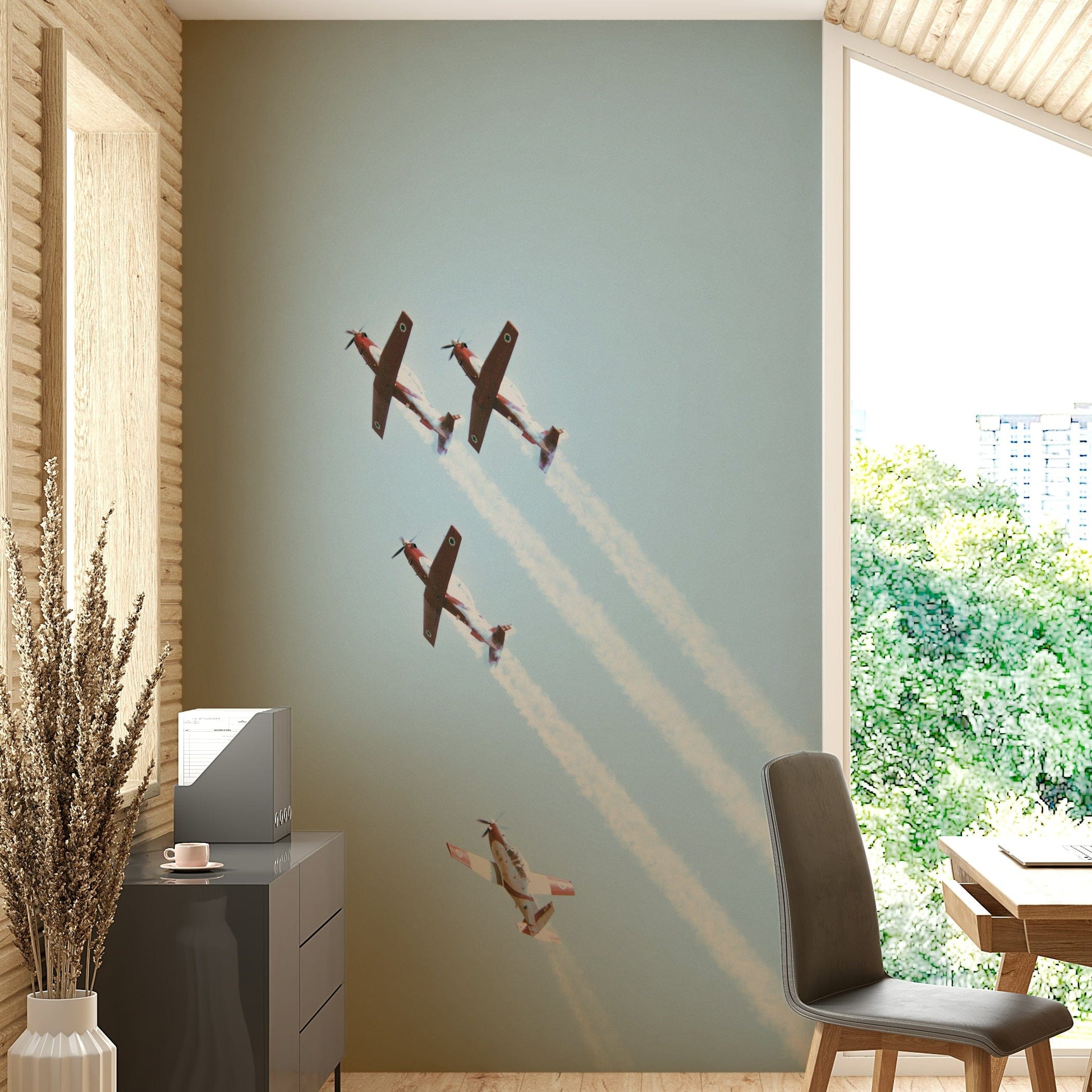 A graceful fighter jet wall mural in classic tones.

