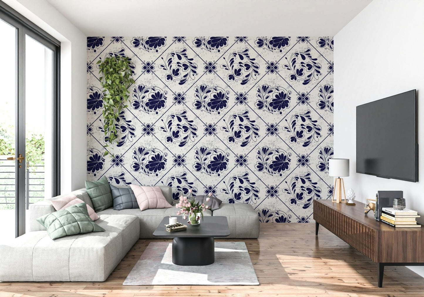 Indigo floral tiles wallpaper in bathroom, tile-inspired print, calm indigo tones
