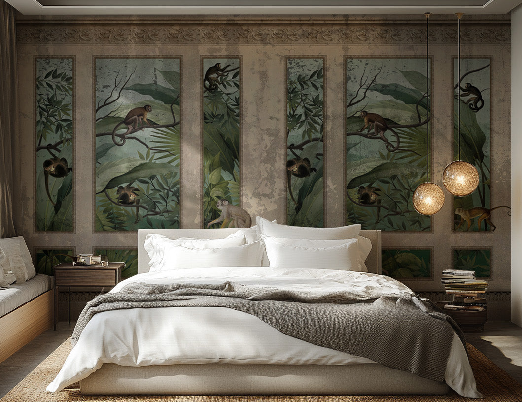 Vintage jungle monkey wallpaper with lush green foliage
