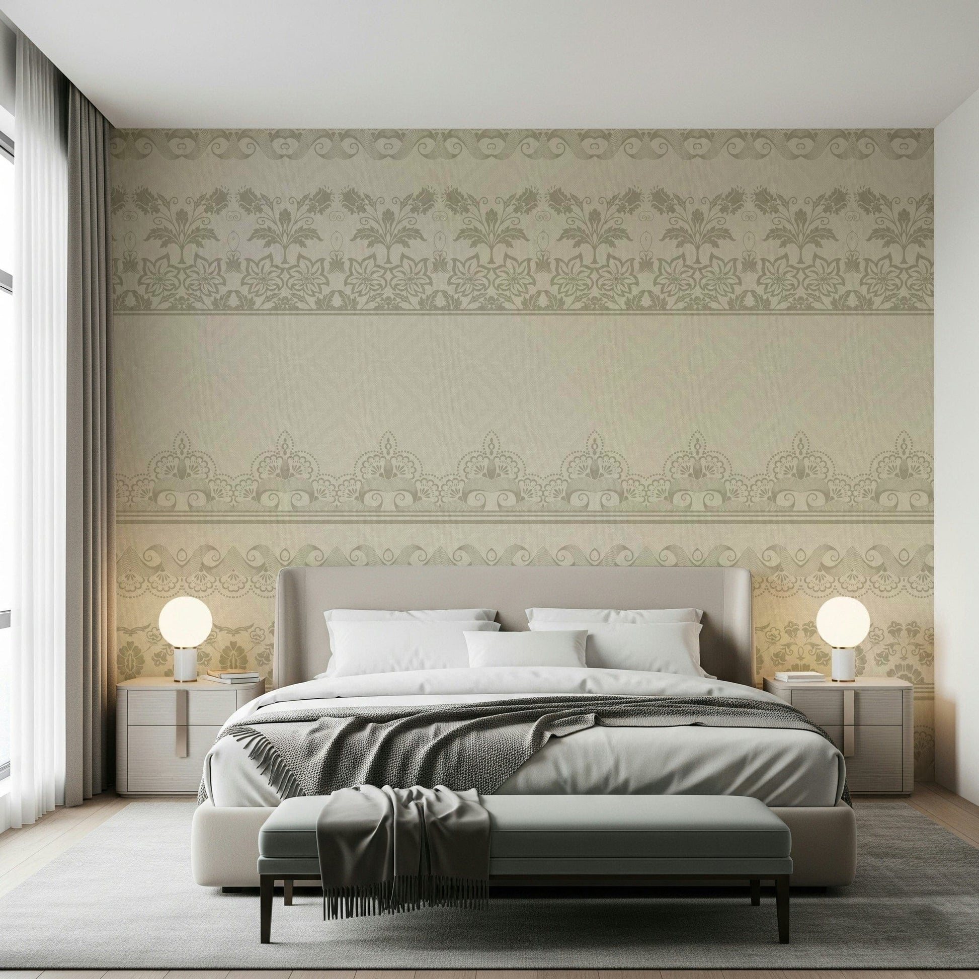 Vintage Lace Bands Wall Mural in a farmhouse style apartment living room.