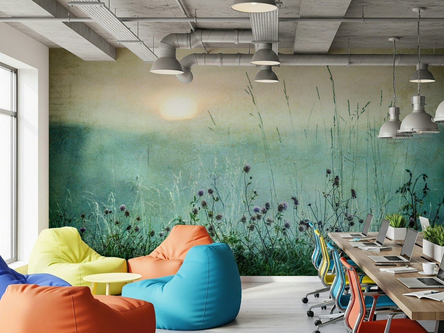 Vintage-inspired mural showcasing a peaceful meadow at sunrise for calming interiors.