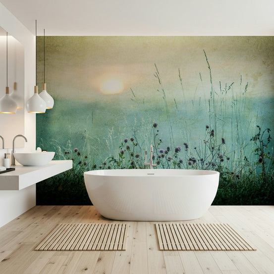 Vintage Meadow Dawn wallpaper evoking nostalgic, tranquil countryside vibes.