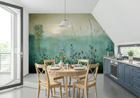 Vintage floral meadow wall mural bringing warmth and serenity to any space.