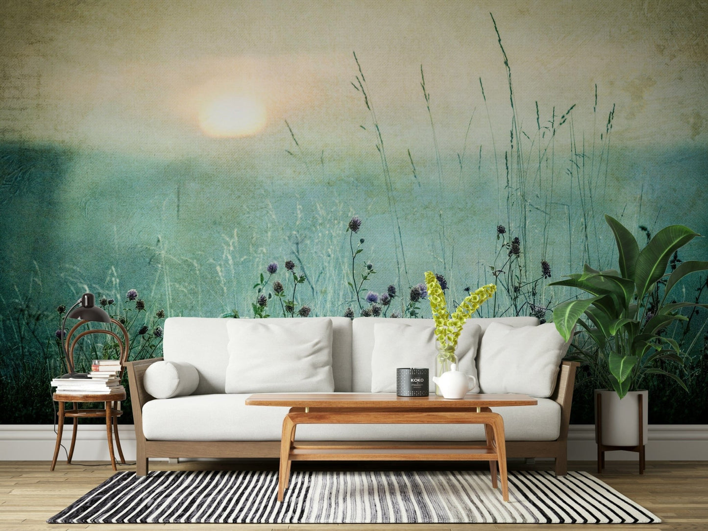 Sunrise meadow mural with vintage-inspired tones for cozy, elegant interiors.