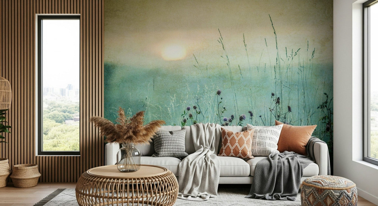 Meadow-themed wall mural with soft dawn light and vintage-inspired floral scenery.