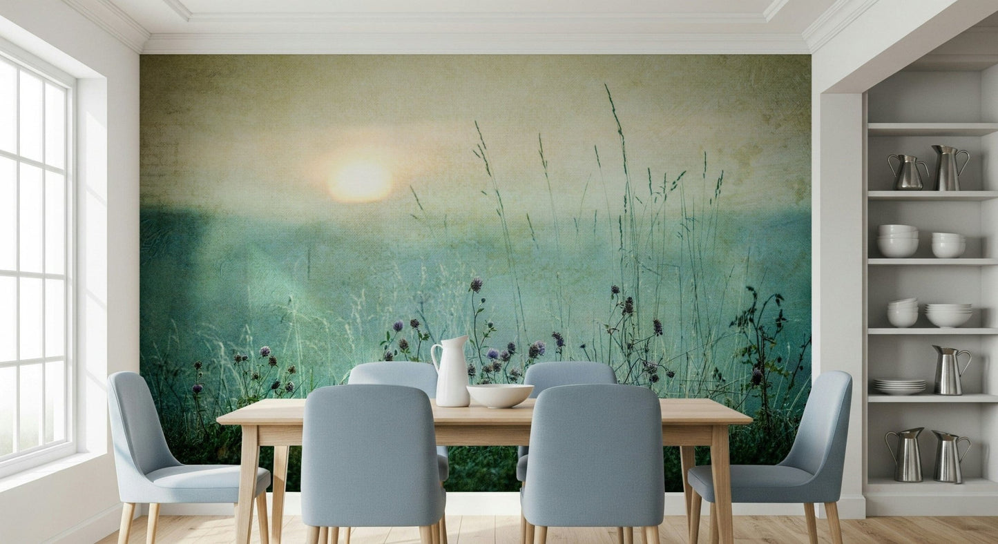 Vintage Meadow Dawn Wall Mural featuring a serene sunrise over a flower-filled meadow.