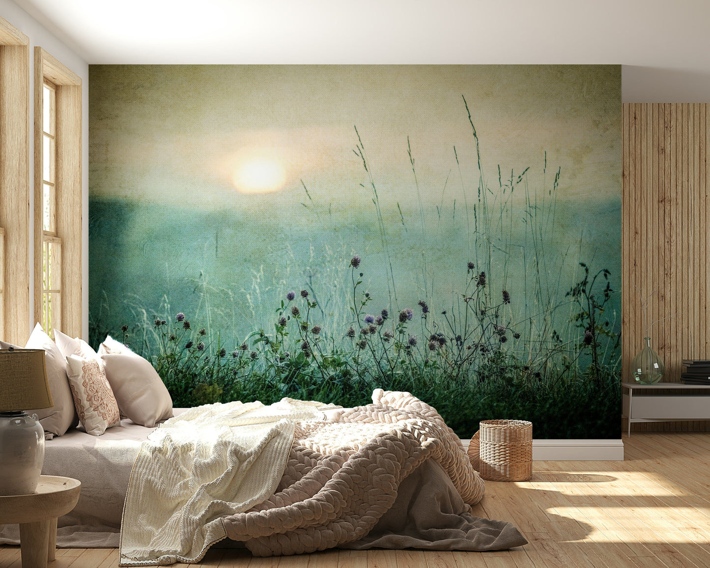 Artistic meadow sunrise mural with soft pastel hues and floral details.