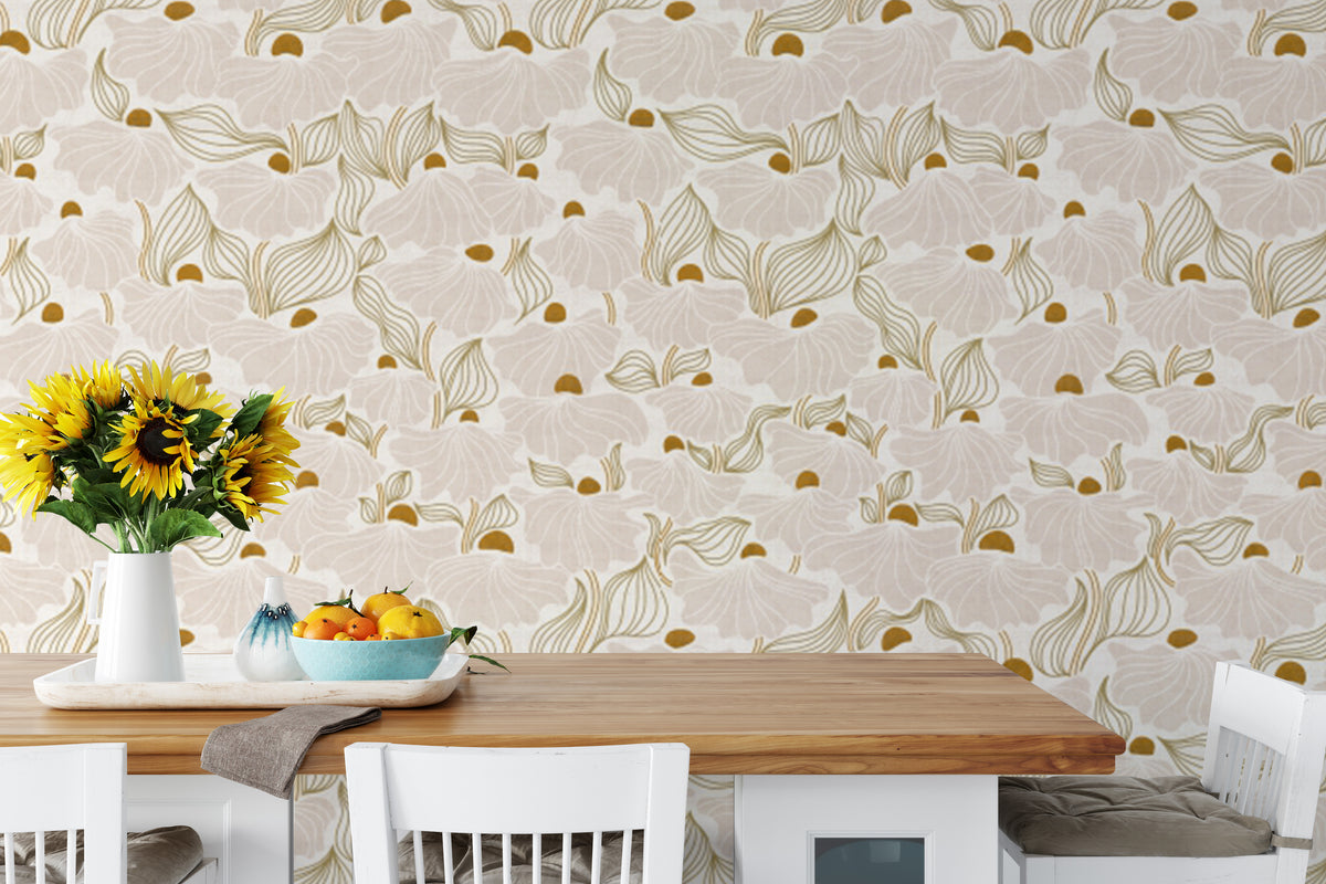 Ethereal Antique Meadow Dance wallpaper in cream and gold florals behind a wooden dining table with sunflowers