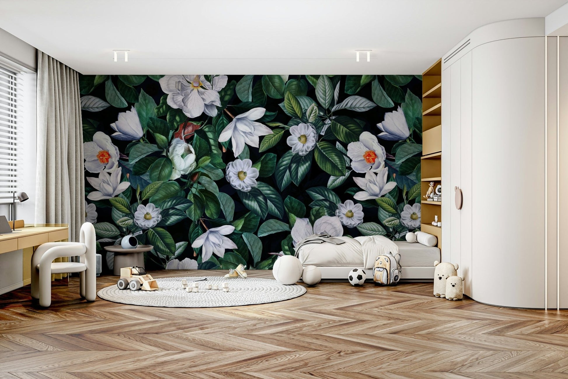 The mural extends across the entire wall, creating a dynamic backdrop.

