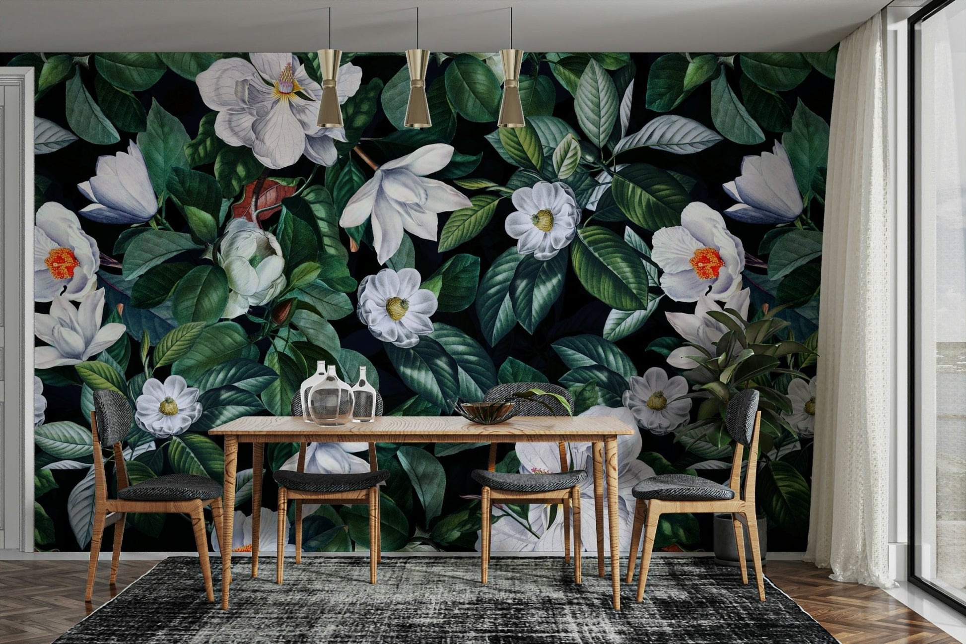 The image shows a full wall with several large flowers on a dark, moody background.

