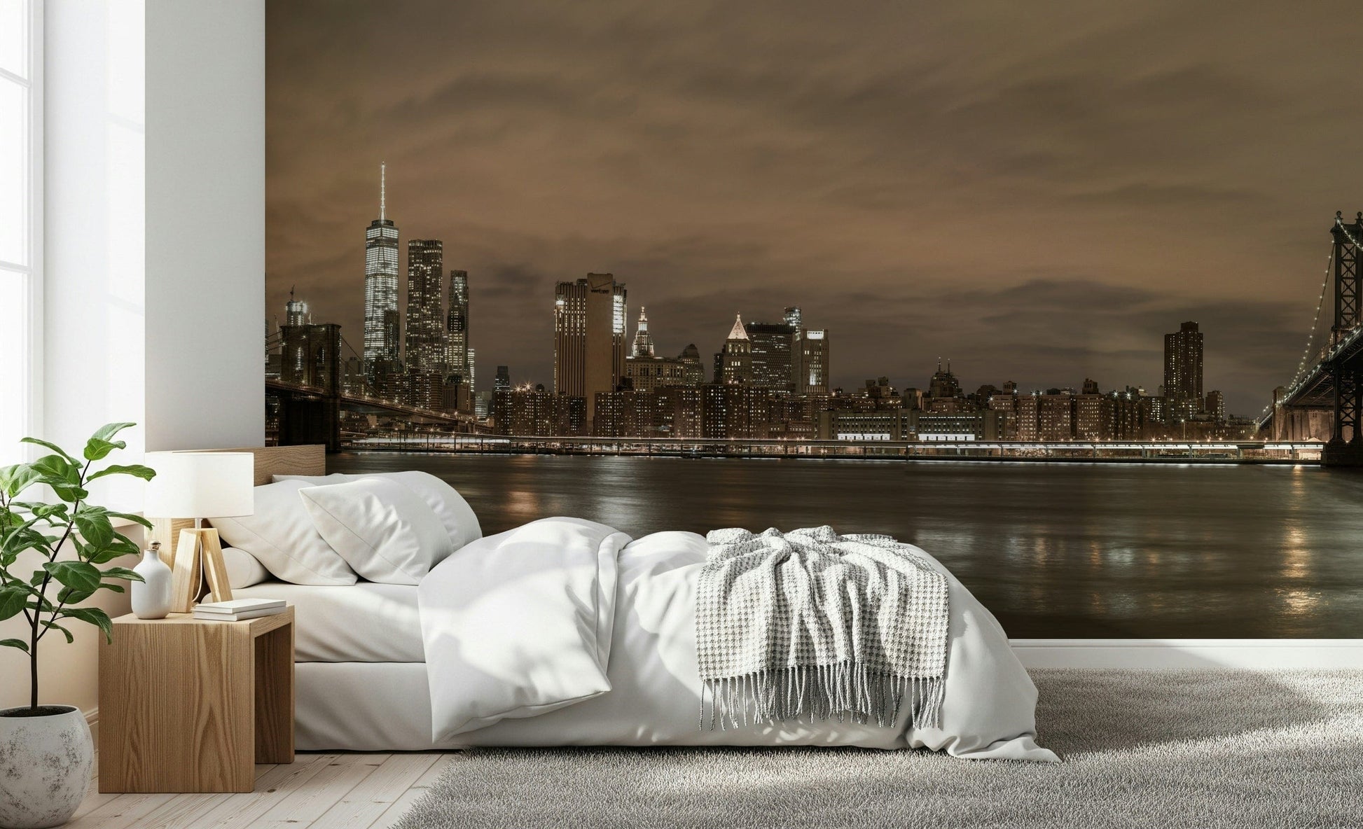 Panoramic wall mural, towering urban buildings and waterfront view design.