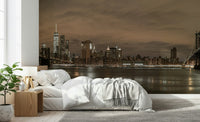 Panoramic wall mural, towering urban buildings and waterfront view design.