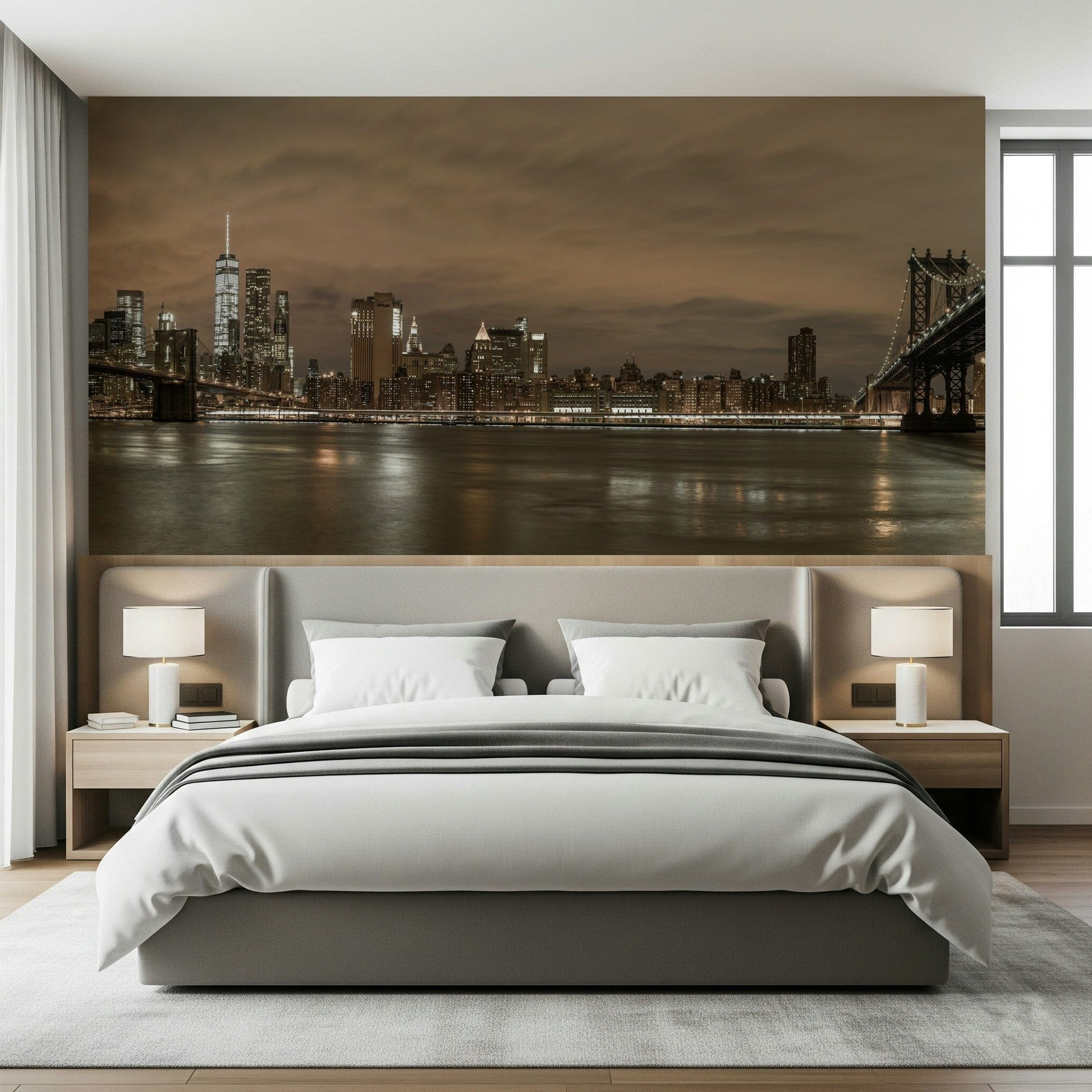 Gotham Bridgescape, dark water reflecting city lights, appealing wallpaper.