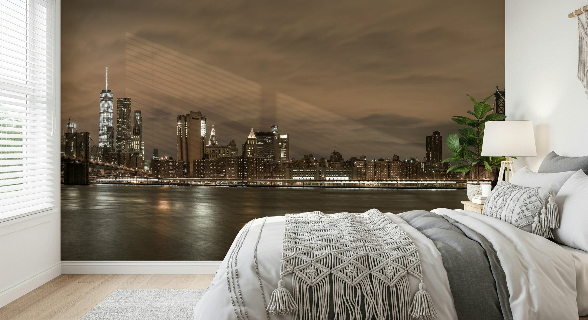 Gotham Bridgescape wall mural, dramatic panoramic city skyline night view.