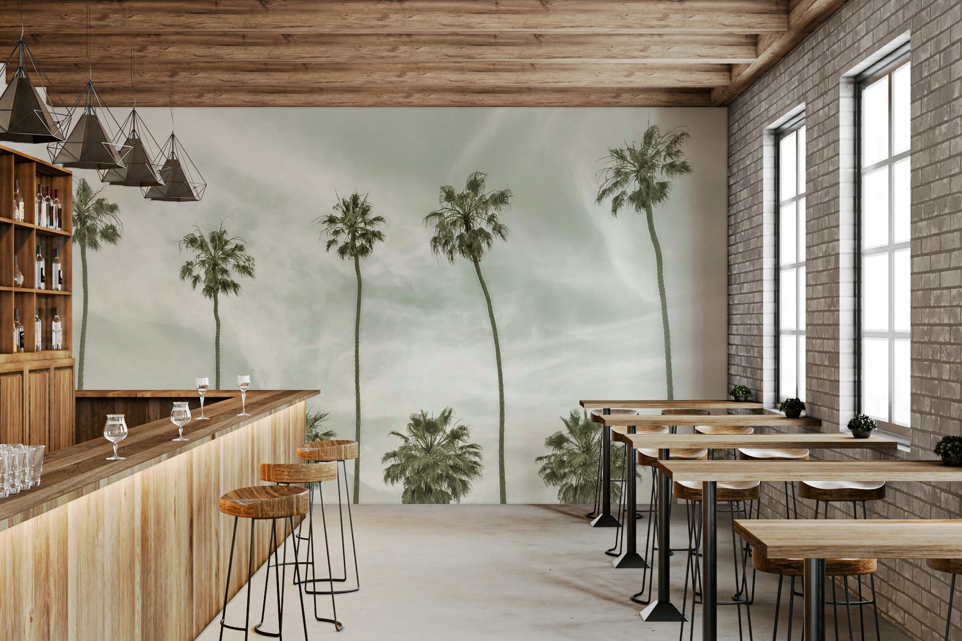 Vintage-style palm trees wallpaper for a peaceful room.

