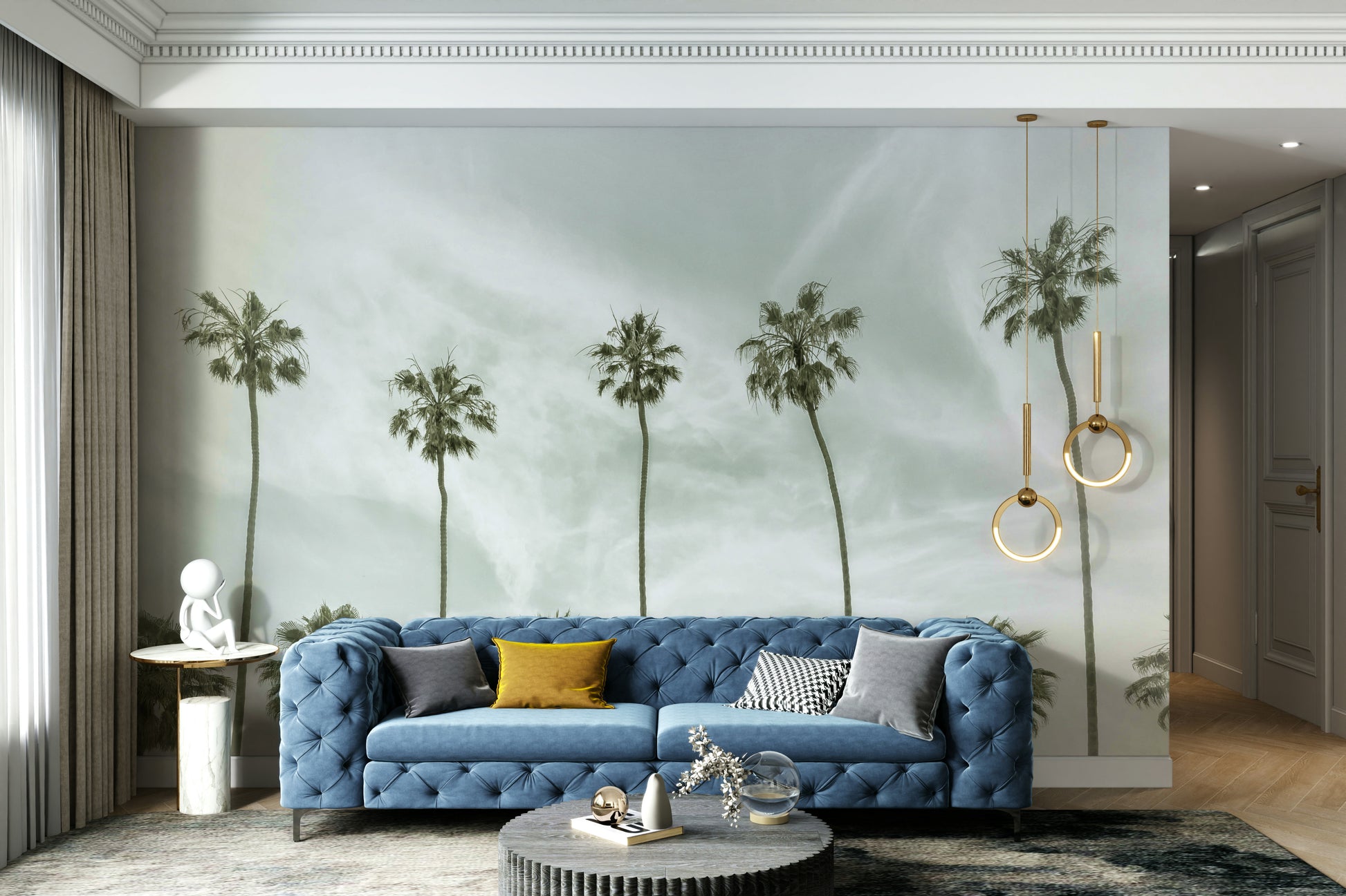 Retro palm tree wallpaper mural bringing a coastal vibe indoors.

