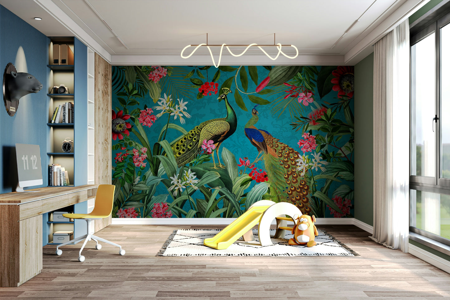 Exotic peacock mural with floral patterns for walls

