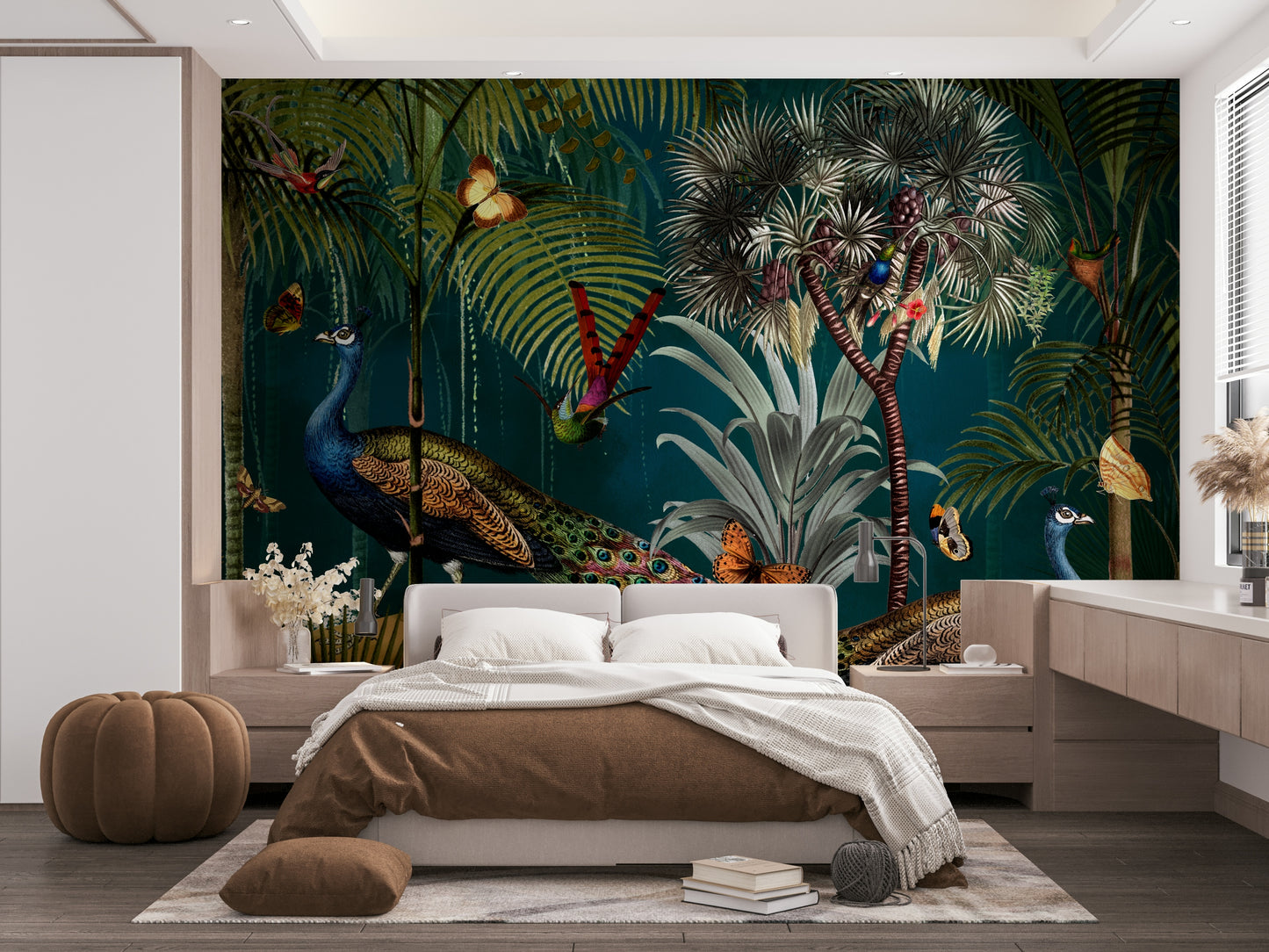 Rich vintage peacock mural for a luxurious home design.

