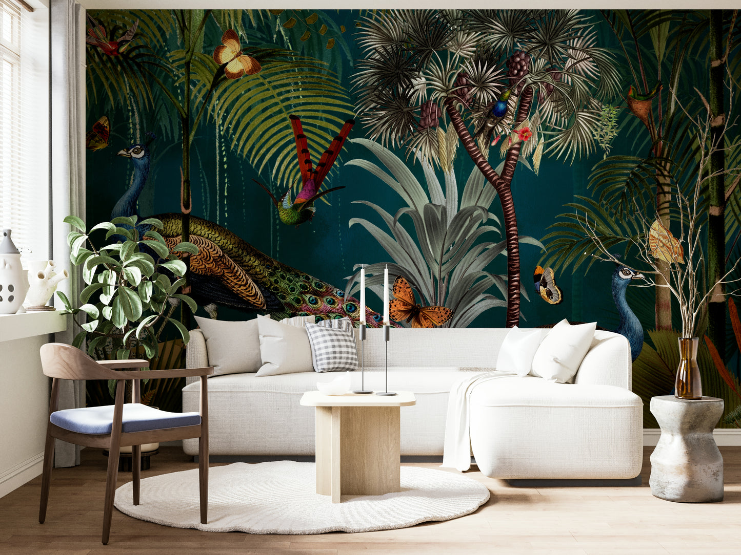 Majestic peacock wall mural bringing sophistication to interiors.

