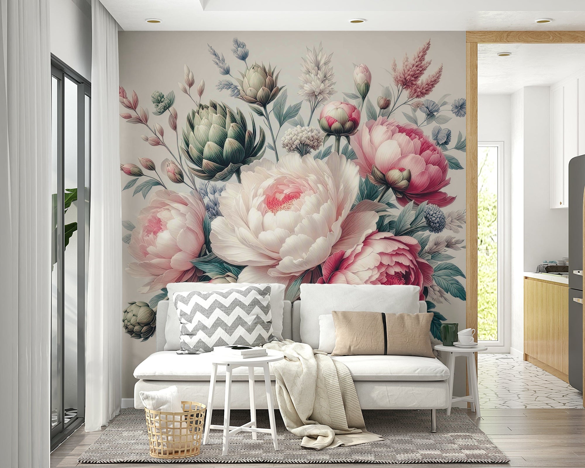 Vintage Peonies Spring wallpaper mural with pink and cream blooms behind a white sofa in a bright living room