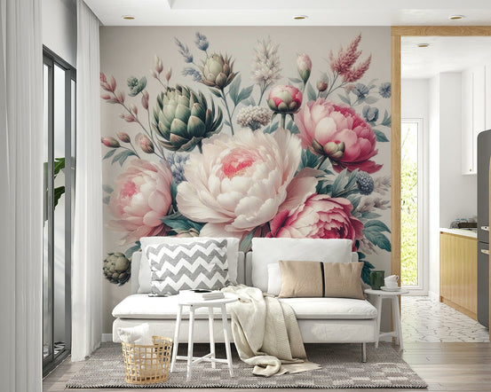 Vintage Peonies Spring wallpaper mural with pink and cream blooms behind a white sofa in a bright living room