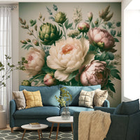 An interior view showing a wall decorated with a Vintage Peonies Baroque Wall Mural.