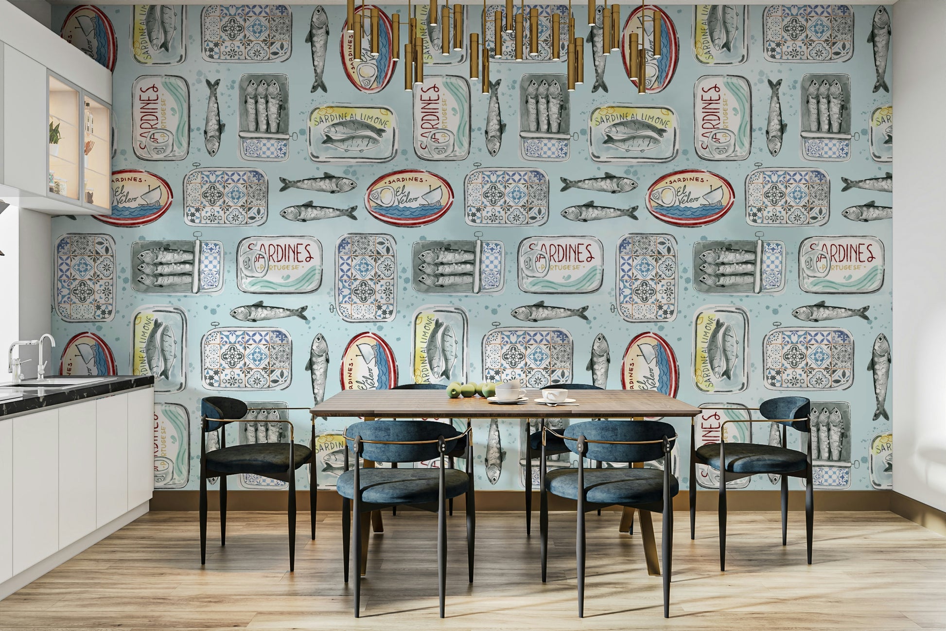 Blue sardine wallpaper with vintage vibe

