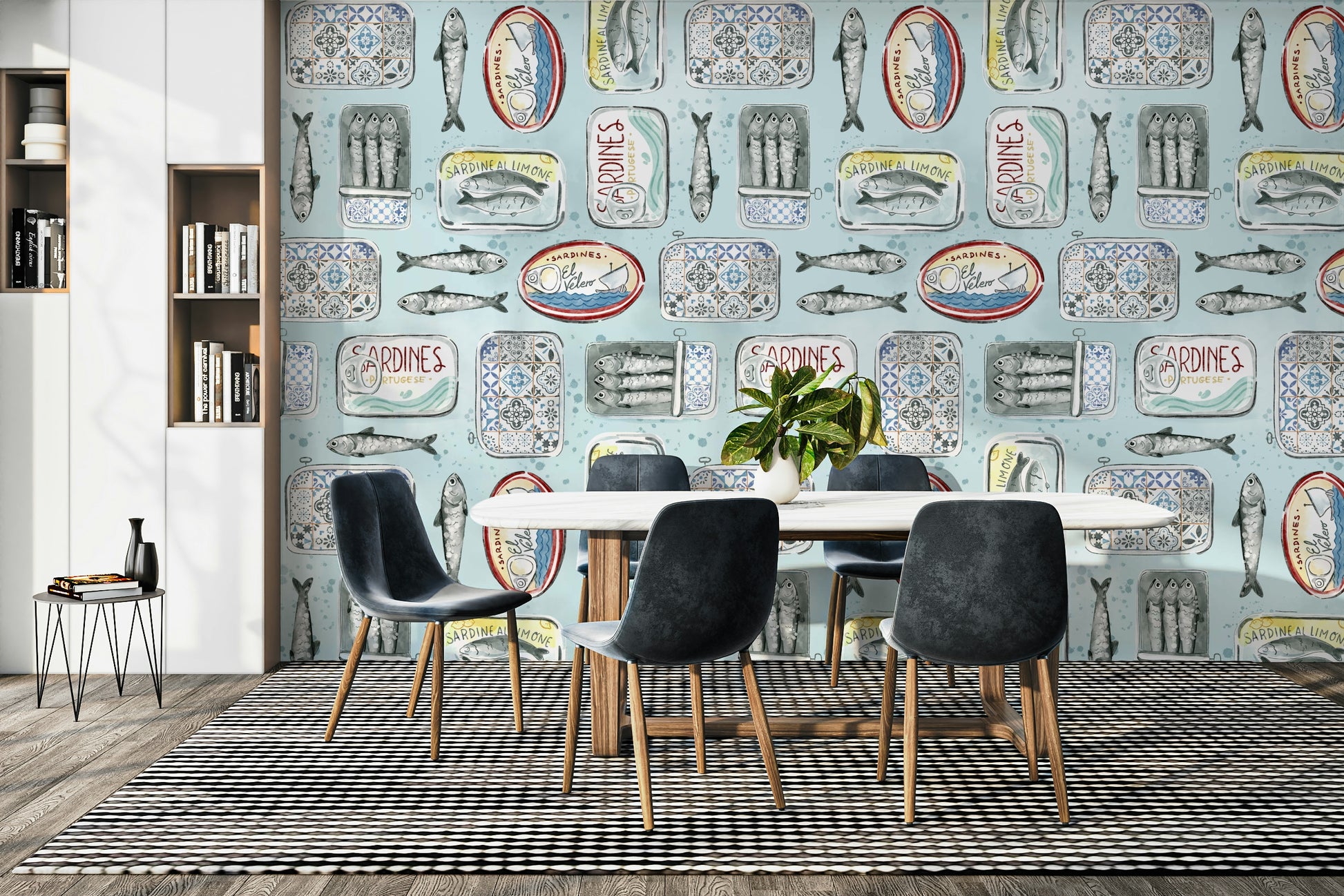 Sardine-themed wallpaper with tile prints


