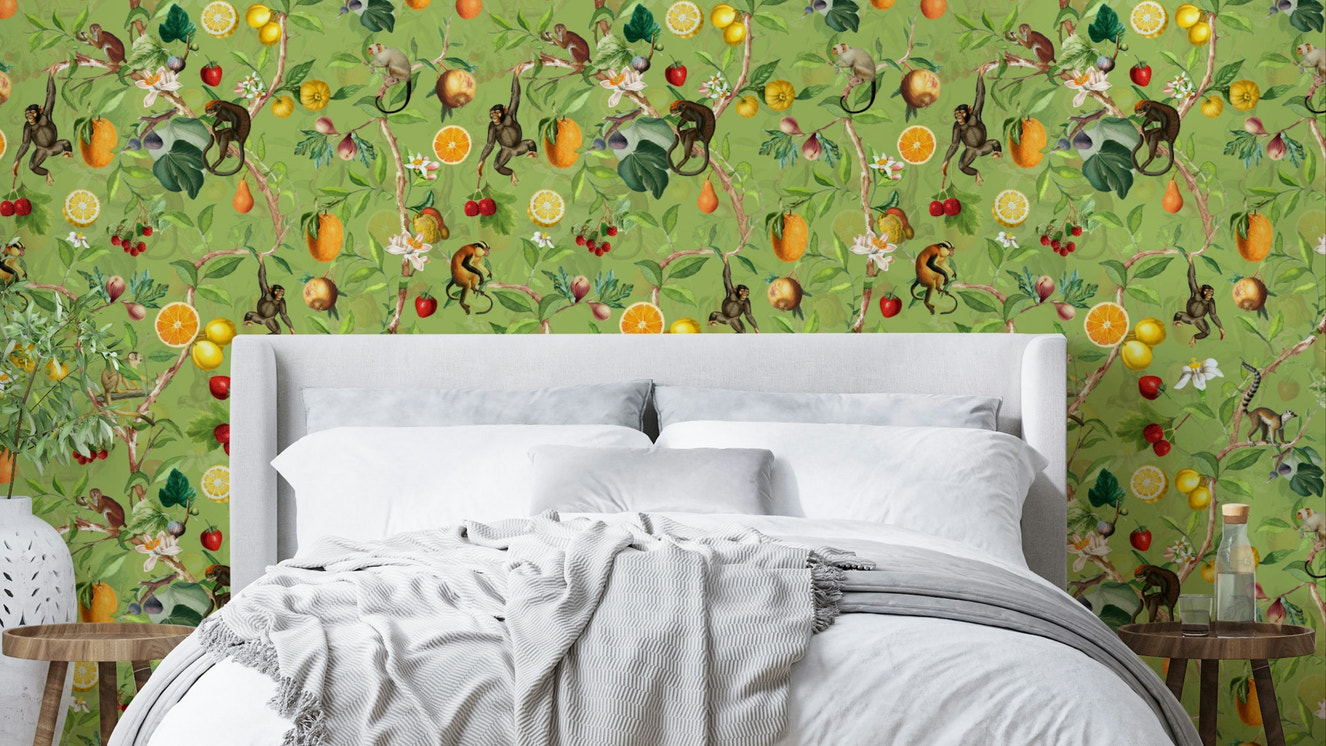 Vintage Primate Paradise 1 Wallpaper with monkeys and vibrant tropical flowers.

