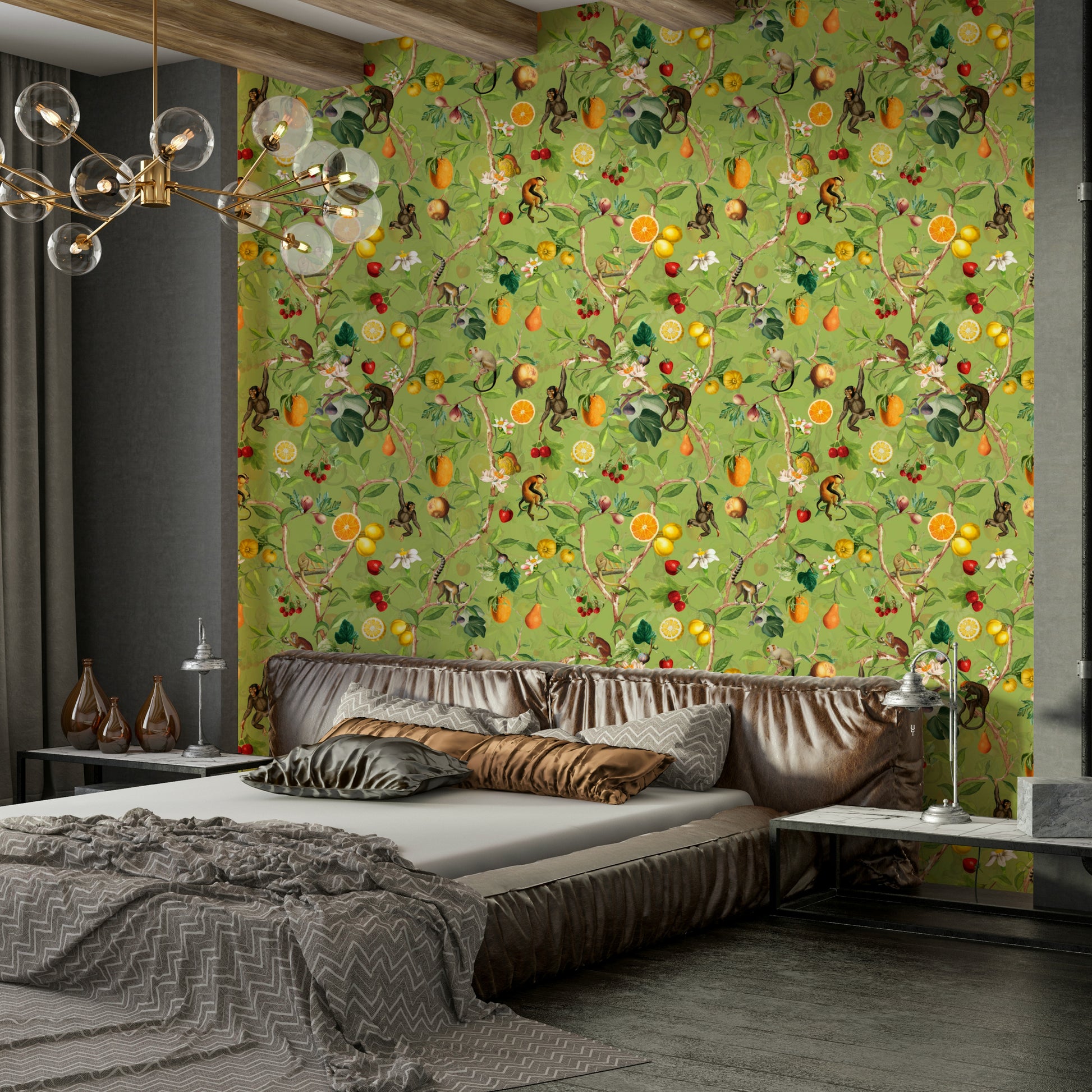 Wallpaper with playful primates and lush tropical foliage.


