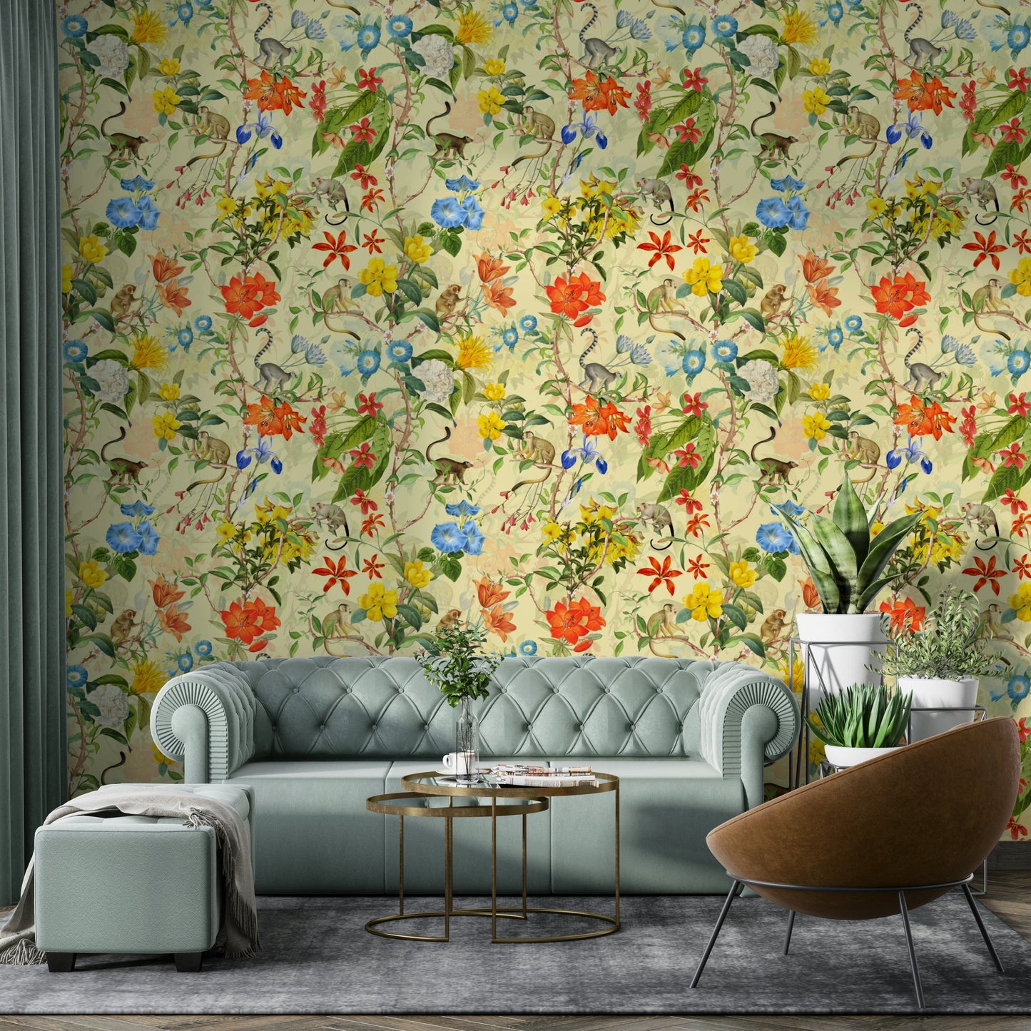 Jungle-inspired wallpaper with primates, vibrant flowers, and exotic leaves.

