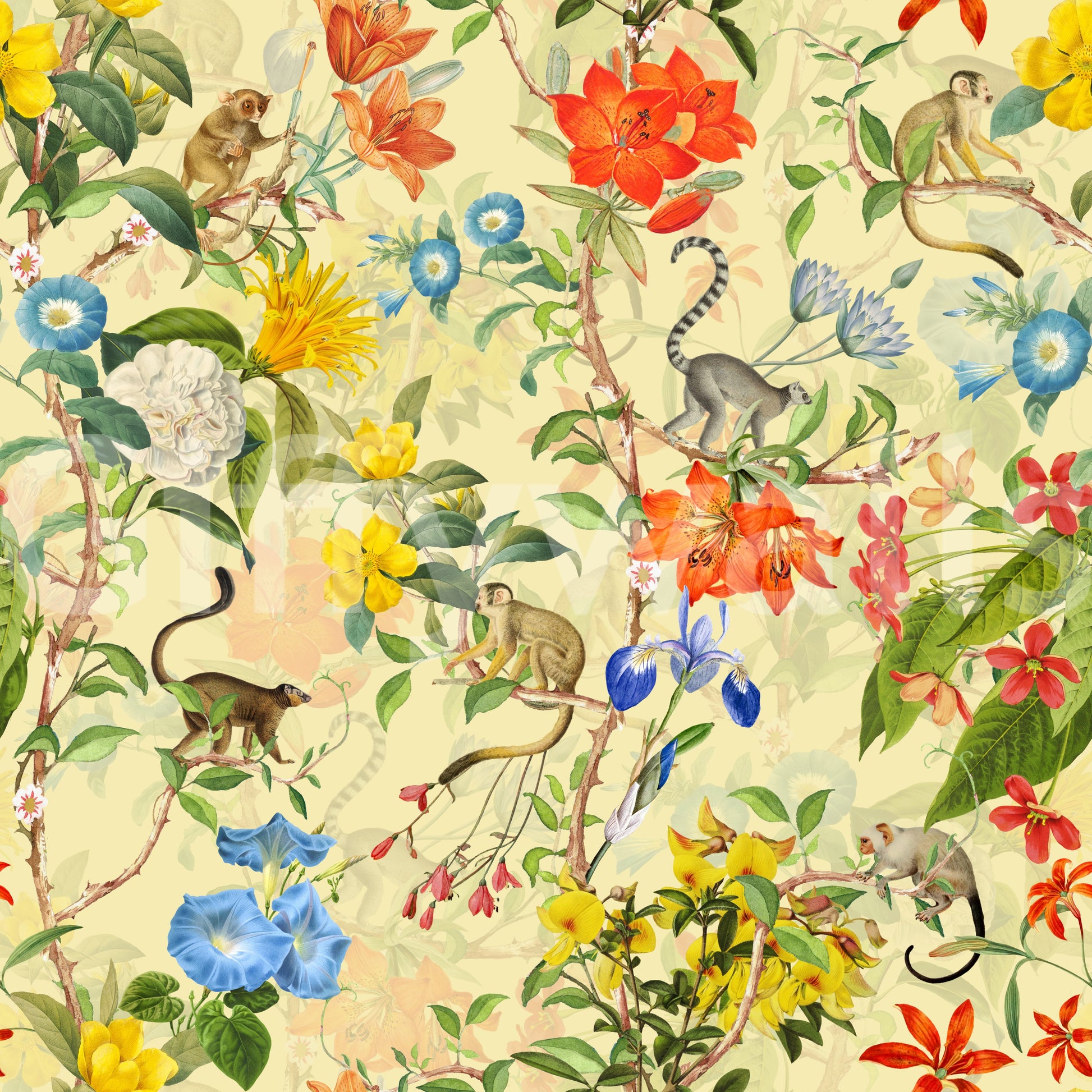 Wallpaper with monkeys perched on branches surrounded by exotic greenery.


