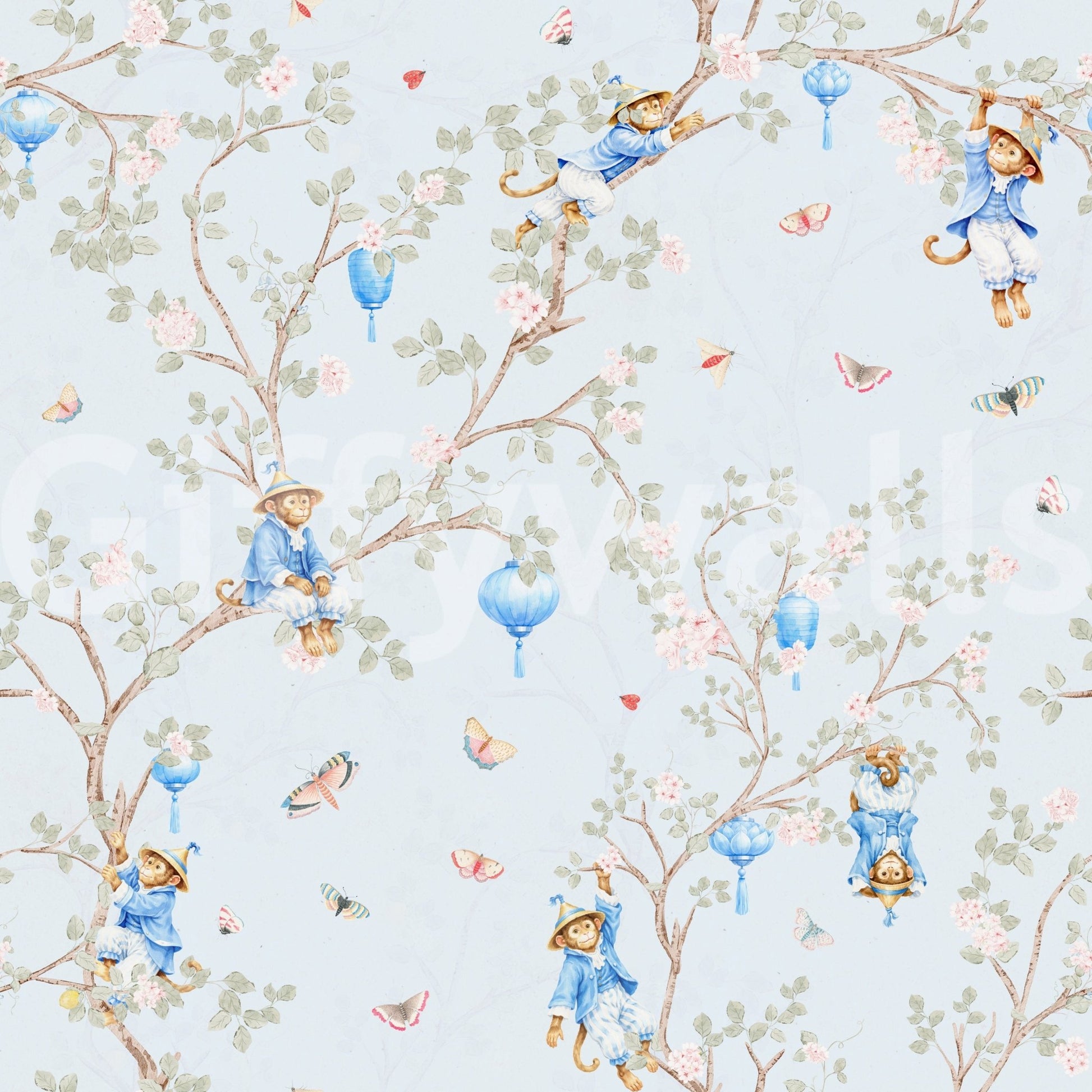 Vintage Rococo Chinoiserie Asian Lanterns with Monkeys and Sakura Flowers blue Wallpaper⁠