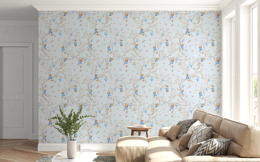 Vintage Rococo Chinoiserie Asian Lanterns with Monkeys and Sakura Flowers blue Wallpaper⁠