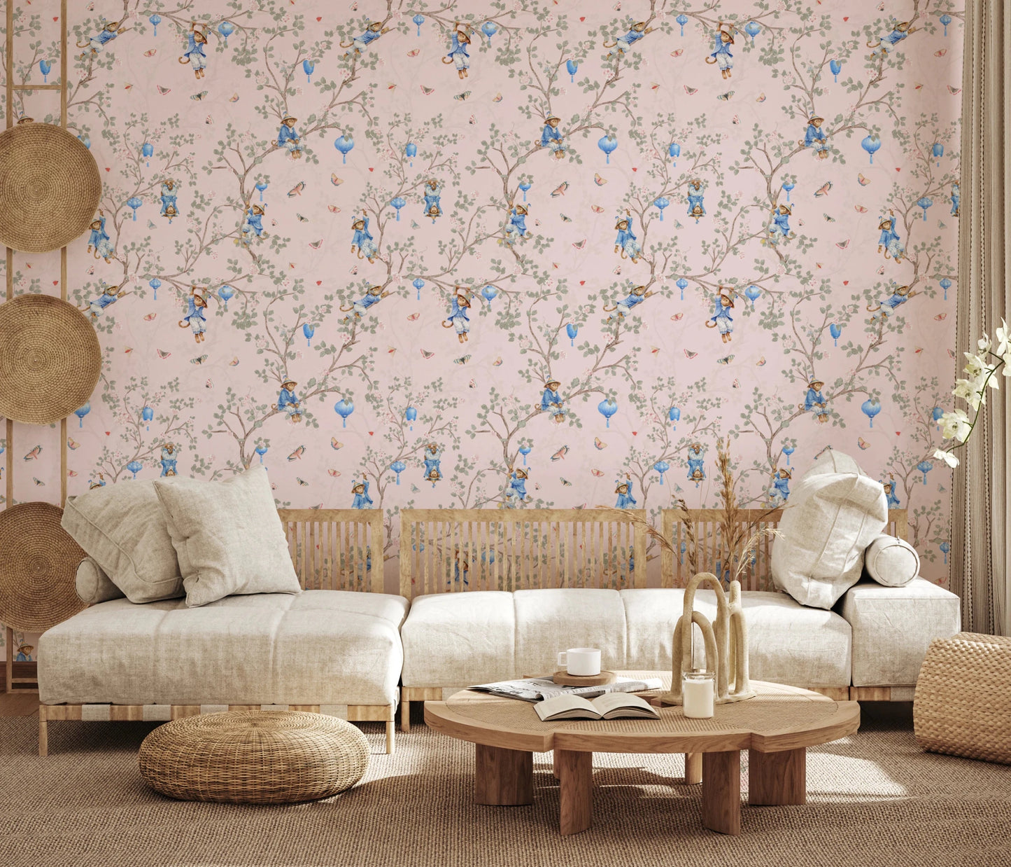 Vintage Rococo Chinoiserie Asian Lanterns with Monkeys and Sakura Flowers pink Wallpaper⁠