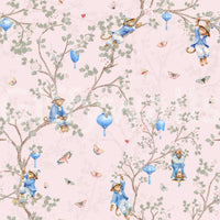 Vintage Rococo Chinoiserie Asian Lanterns with Monkeys and Sakura Flowers pink Wallpaper⁠