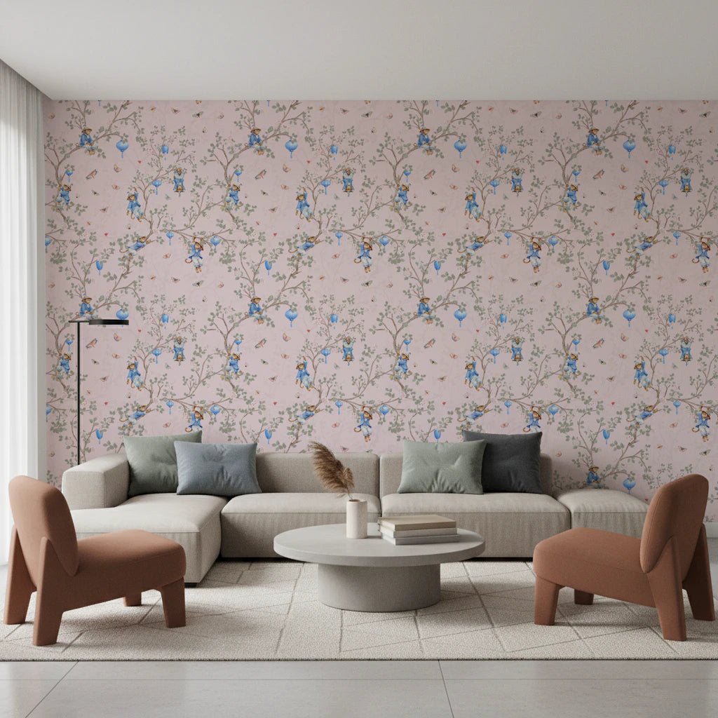 Vintage Rococo Chinoiserie Asian Lanterns with Monkeys and Sakura Flowers pink Wallpaper⁠