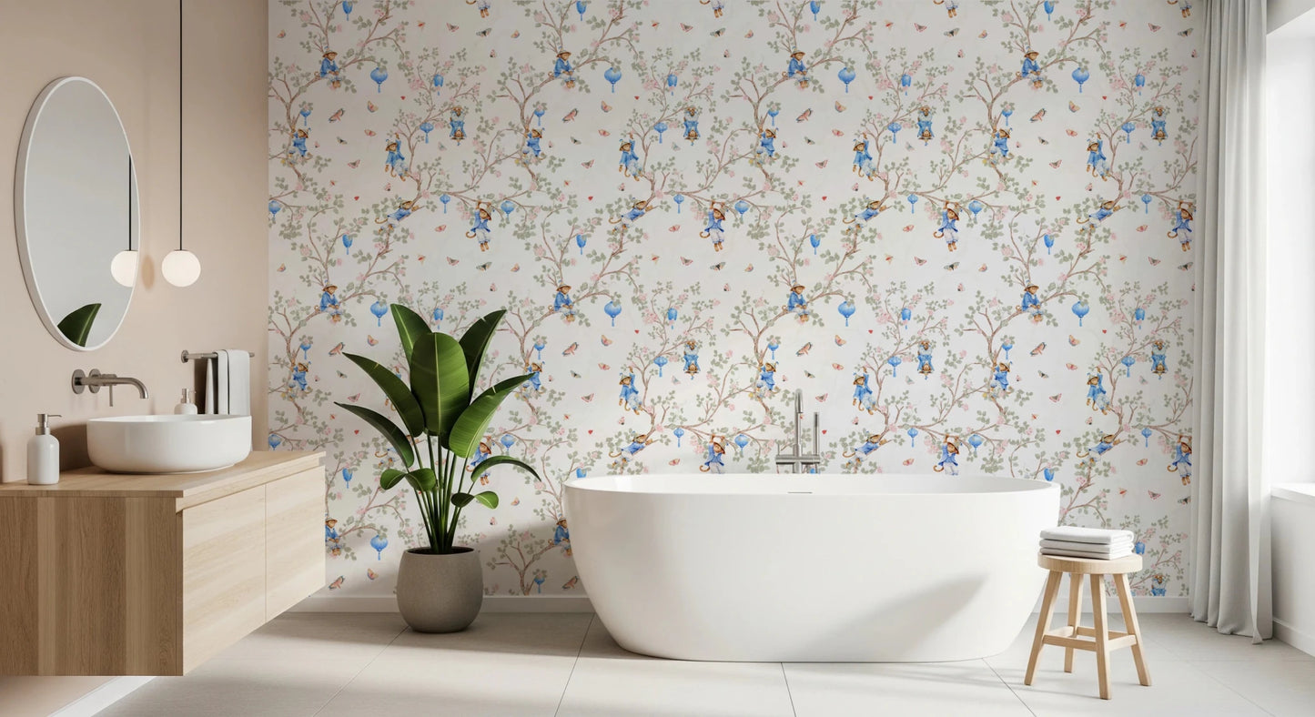 Vintage Rococo Chinoiserie Asian Lanterns with Monkeys and Sakura Flowers white Wallpaper⁠
