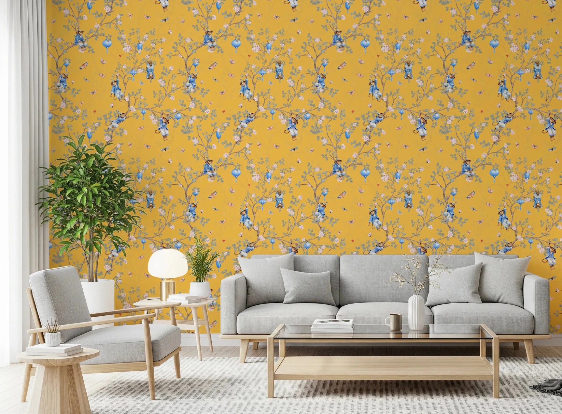 Vintage Rococo Chinoiserie Asian Lanterns with Monkeys and Sakura Flowers yellow Wallpaper⁠
